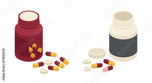 Isometric medicine bottles and pills on white background