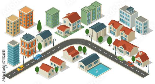 Isometric urban neighborhood with colorful buildings and streets