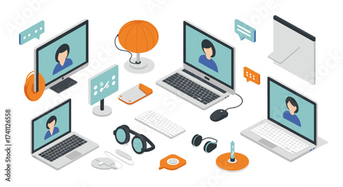 Isometric modern remote work setup with laptops and communication tools