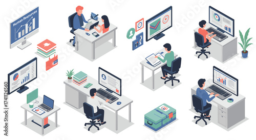 Isometric office workers and hr concept with desk and technology elements