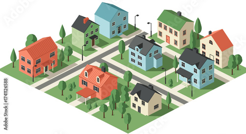 Charming isometric suburban neighborhood with colorful houses and lush trees