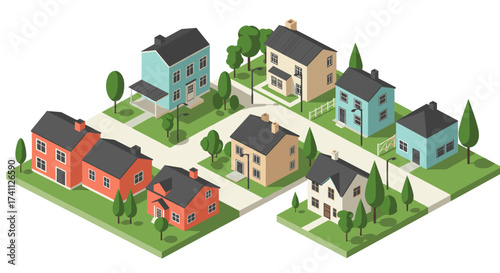 Charming isometric neighborhood with colorful houses and lush greenery