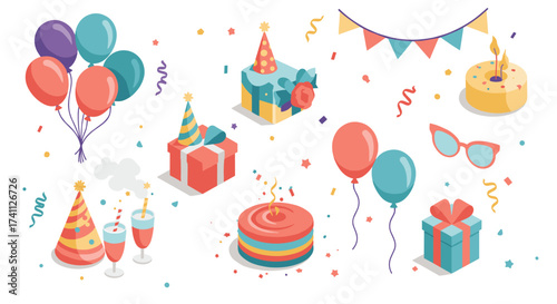 Colorful party elements with gifts, balloons, and decorations in flat style for celebrations