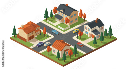 Isometric autumn neighborhood with cars and trees in suburban setting