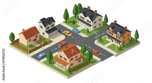 Isometric suburban neighborhood with houses and cars on street corners