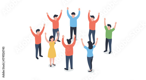 Diverse group celebrating together in an isometric style