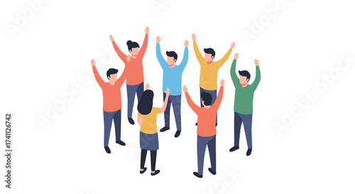 Group celebration with diverse people in casual clothing raising hands