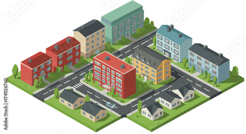 Colorful urban neighborhood isometric design featuring residential buildings and streets