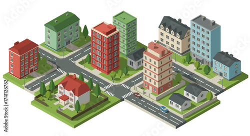 Isometric urban neighborhood with colorful buildings and streets