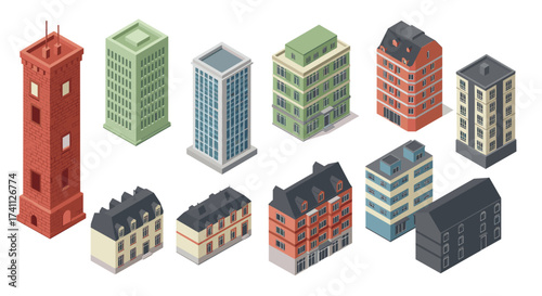 Isometric city buildings collection: urban architecture variety set in flat design