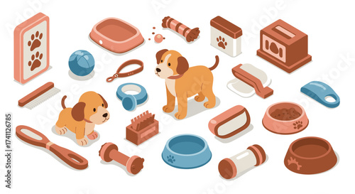 Isometric dog essentials set with cute puppies and pet accessories