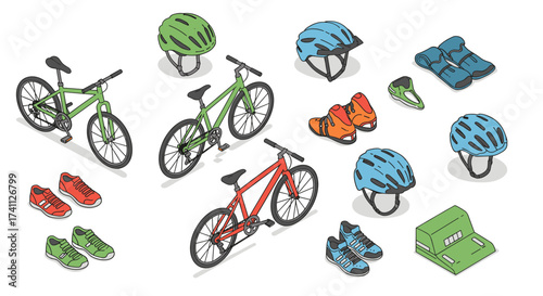 Isometric bicycle gear set with helmets and shoes on white background