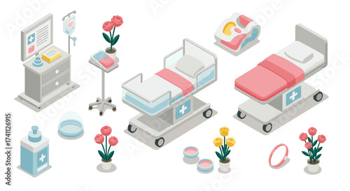 Isometric hospital room elements with medical beds and equipment in pastel colors