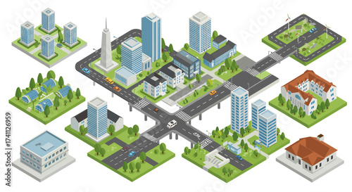 Modern isometric cityscape with green spaces and roads