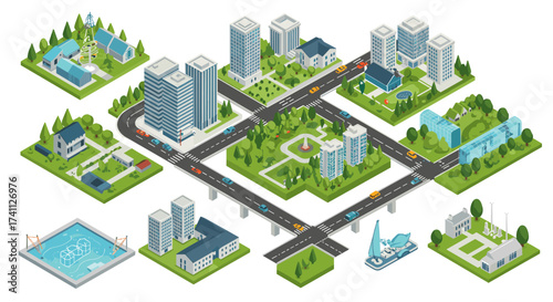 Modern urban isometric cityscape with buildings and parks
