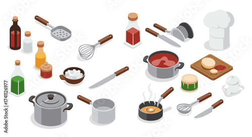 Isometric kitchen tools and ingredients for cooking enthusiasts and chefs