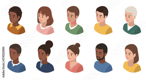 Diverse cartoon avatars set in flat style with different hairstyles and skin tones