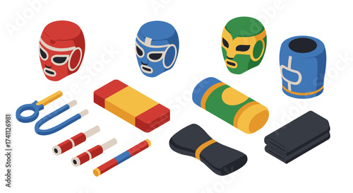 Colorful wrestling gear and equipment in isometric style