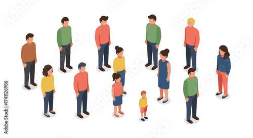 Isometric group of diverse people standing and socializing on white background