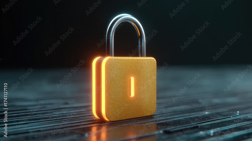 Fototapeta premium Modern orange padlock on a dark background, representing security and protection in the digital age, showcasing its sleek design and illuminating features for creative projects.