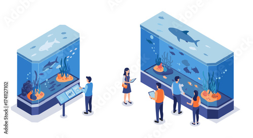 Isometric aquarium scene with visitors observing marine life exhibits