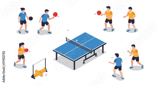 Isometric table tennis players practicing with equipment on blue ping pong table
