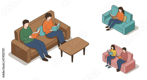 Isometric people reading on sofas with books in cozy living room settings