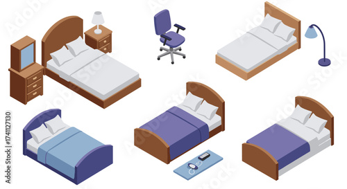 Isometric bedroom furniture collection with beds, chair, and lamp