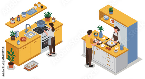 Isometric modern kitchen scenes with people cooking and preparing meals