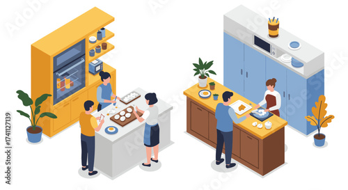 Modern kitchen activities with people baking and cooking in isometric view