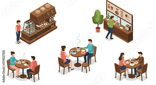 Cozy cafeteria moments: isometric scenes of a coffee shop with customers and barista