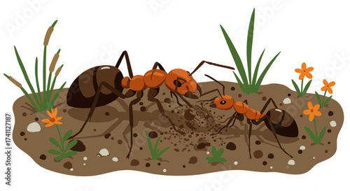 Detailed ants in a natural habitat with soil and plants on white background