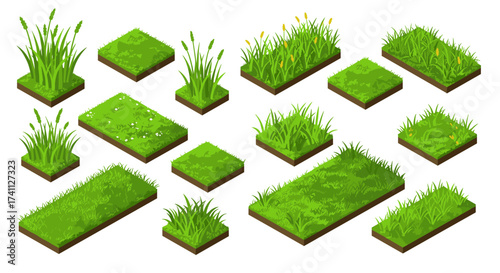 Isometric grass tiles set: realistic lawn and plant elements for game design and 3d landscapes