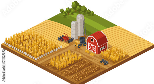 Isometric farm landscape with barn, tractor, and wheat fields in autumn