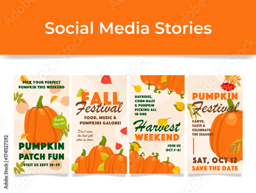 A creative social media story template about having fun at a fall pumpkin festival while enjoying farm food and music.