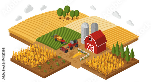 Isometric farm landscape with red barn, tractors, and crops