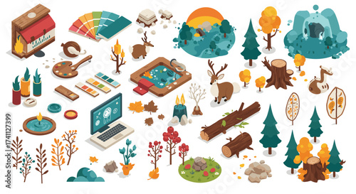 Cozy autumn elements in isometric style: nature, wildlife, and art supplies