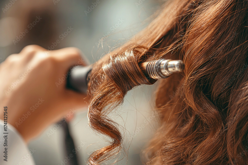 Naklejka premium Professional hair curling with a hot iron, creating beautiful wavy brown hair. Close-up of styling process, beauty treatment, personal care, elegant look, fashion, salon.