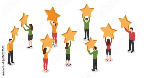 Isometric people holding large stars celebrating success