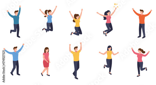 People jumping and celebrating in isometric style with joyful expressions