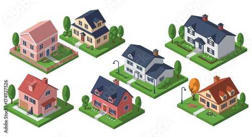 Charming isometric suburban houses set with green lawns and trees
