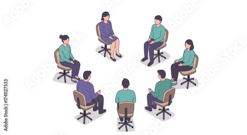 Group therapy session in isometric style with diverse people sitting in a circle