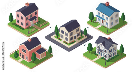 Charming isometric suburban houses with gardens and streets