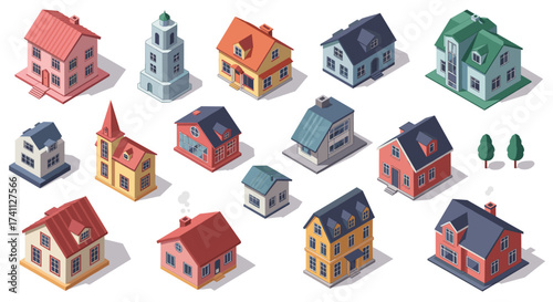 Colorful collection of isometric buildings with unique roof designs and styles
