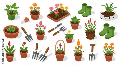 Isometric gardening set: tools, plants, boots, and soil elements