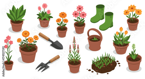 Isometric garden tools and flower pots on white background