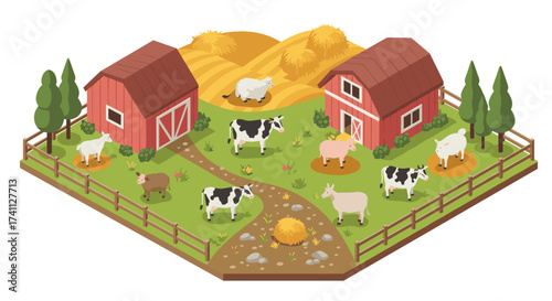 Charming isometric farm with grazing animals and cozy barns in a scenic countryside setting