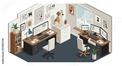 Cozy workspace with dog art and dual monitors in isometric design
