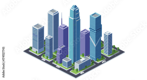 Modern isometric cityscape with skyscrapers and urban streets
