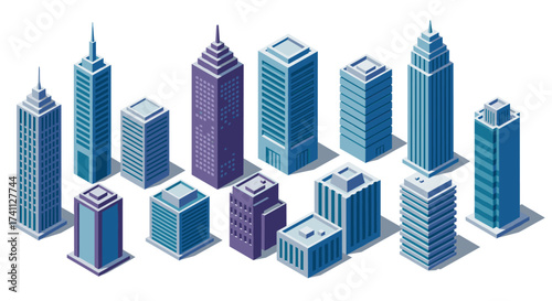 Isometric skyscraper collection featuring modern architectural designs